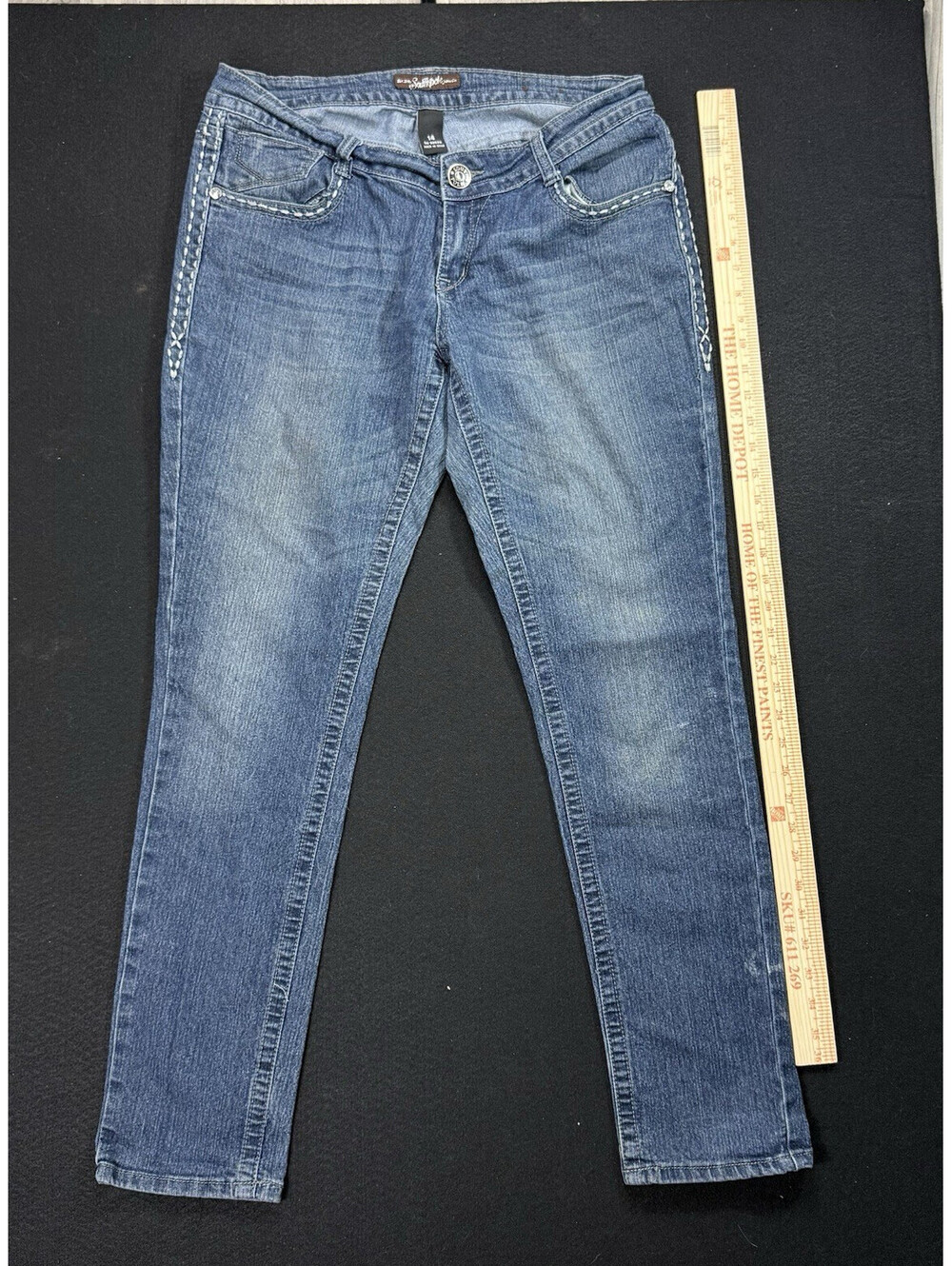 Southpole Women's Blue Medium Wash Mid-Rise Skinny Jeans, Rhinestone